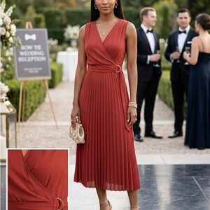 Max Studio Burnt Orange Pleated Wrap Midi Dress